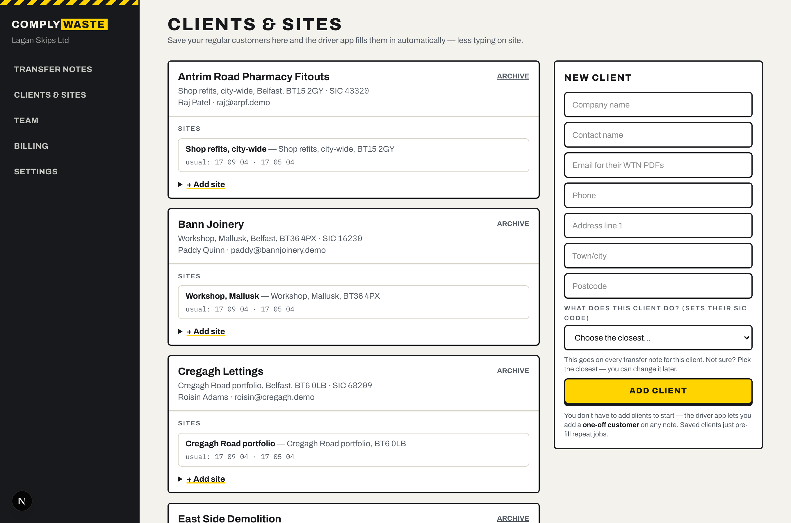 The ComplyWaste clients screen with a form to add a new customer and a dropdown to pick what they do