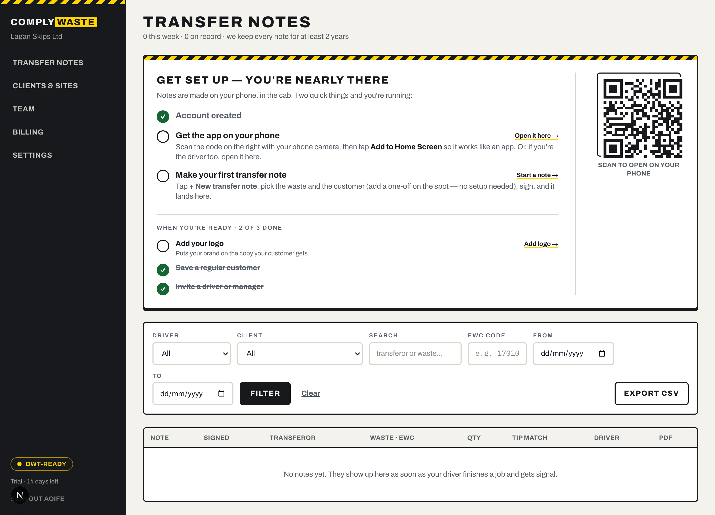 The ComplyWaste dashboard showing a 'Get set up' checklist with a QR code to open the app on a phone