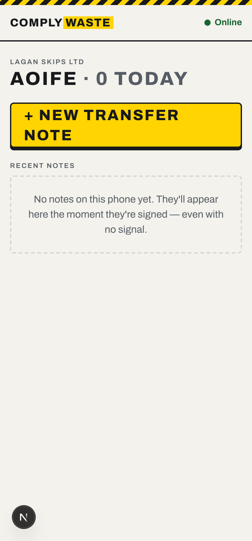 The ComplyWaste driver app on a phone with a large '+ New transfer note' button