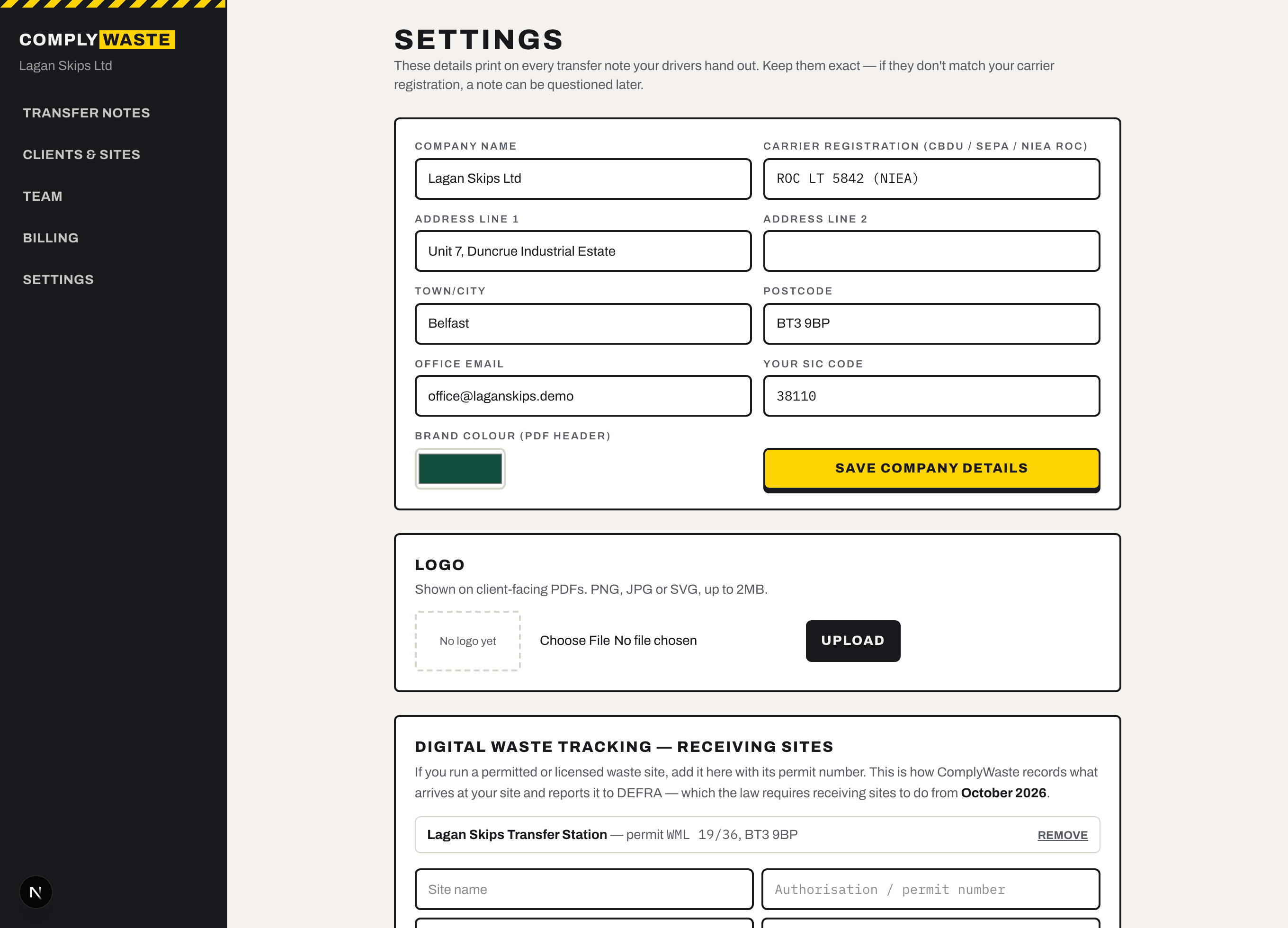 The ComplyWaste settings screen showing company name, address and carrier registration fields