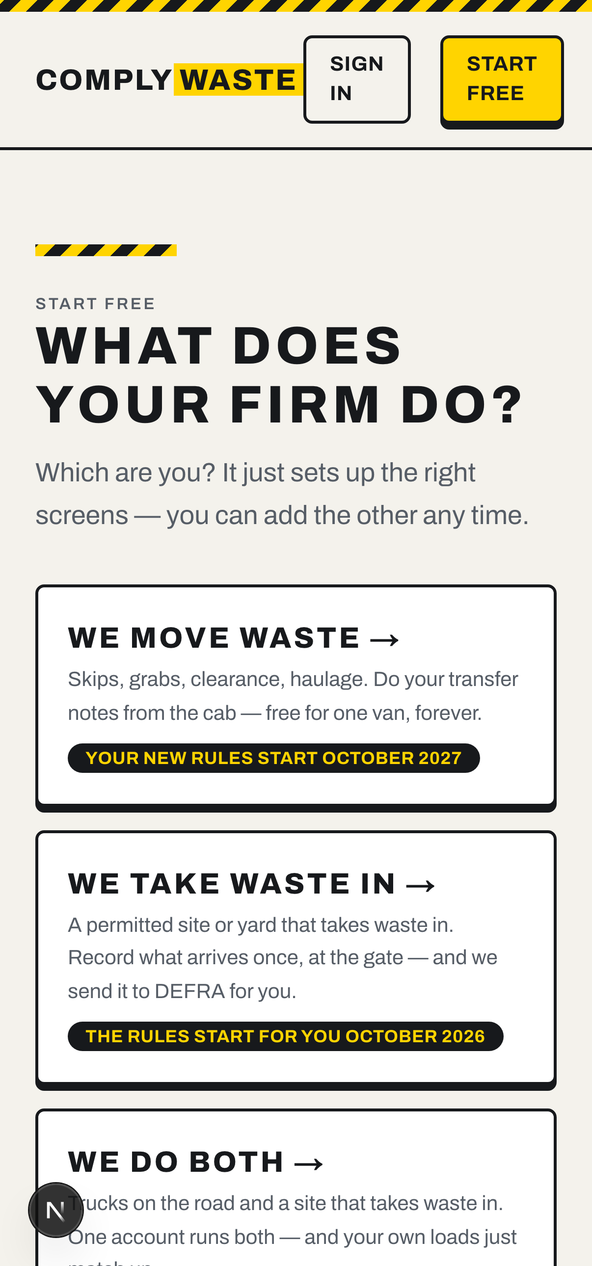 The ComplyWaste sign-up screen asking what your firm does, with a 'We move waste' option